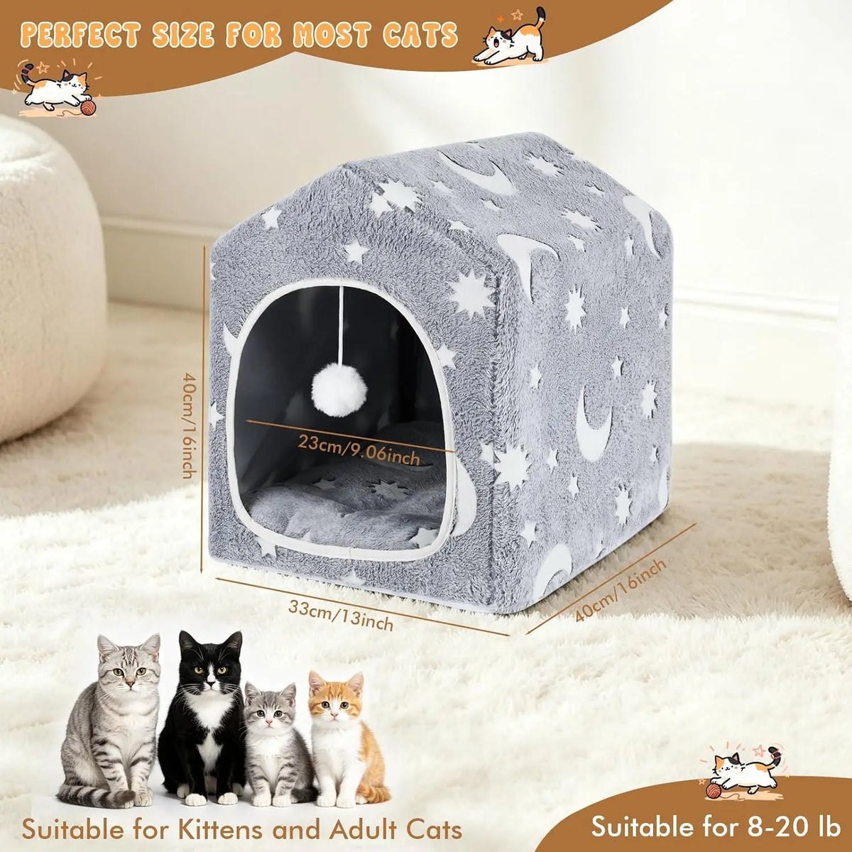 Cat House for Indoor Cats, Cat Bed Cave Enclosed Hideaway with Frame