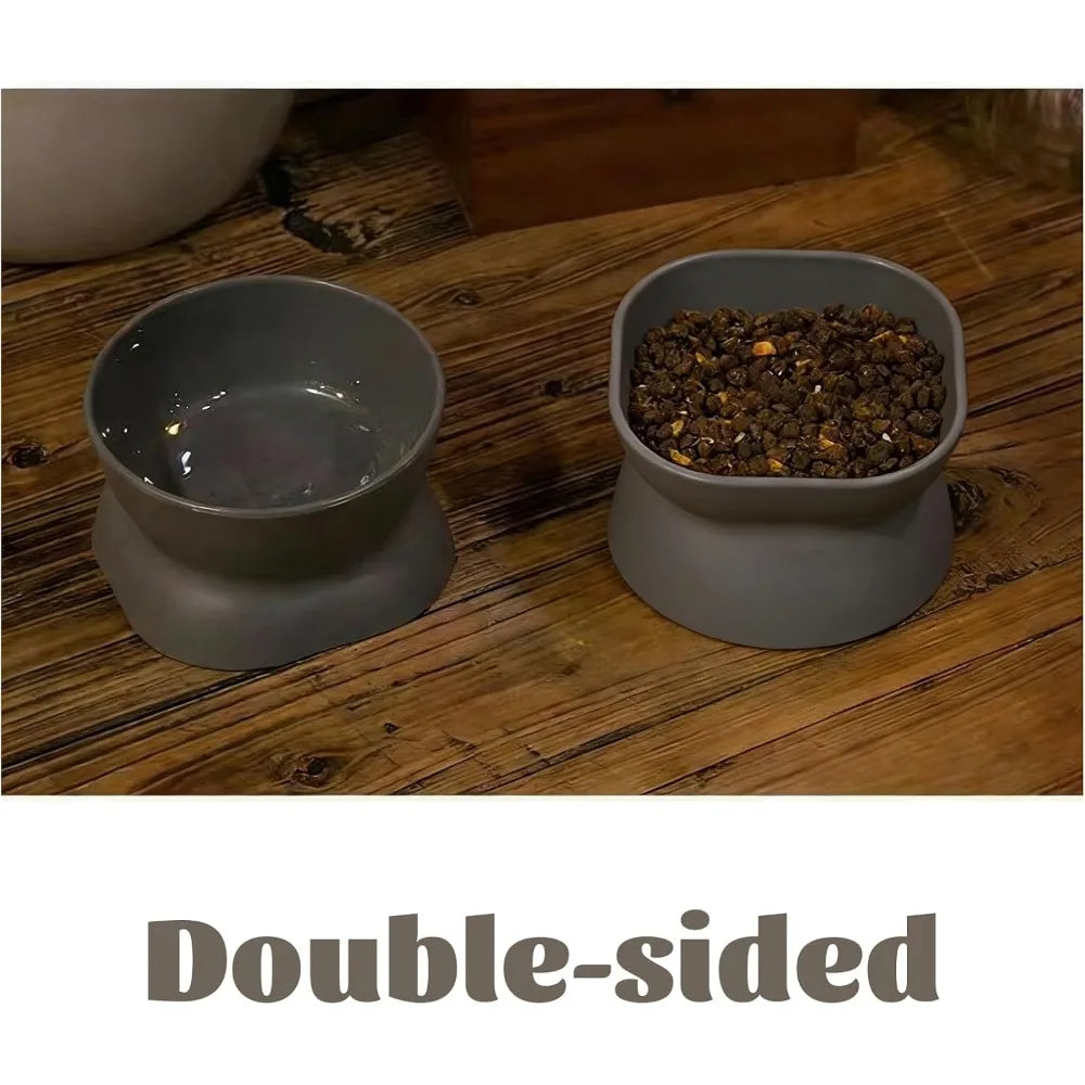 Double Sided Cat Food and Water Bowl Set for Indoor Cats Non Slip Pet Feeding Dishes with Elevated Stand for Small Dogs and Cats Anti Vomiting Slow Feeder Design Grey Color Modern Durable Ceramic Style Easy Clean Non