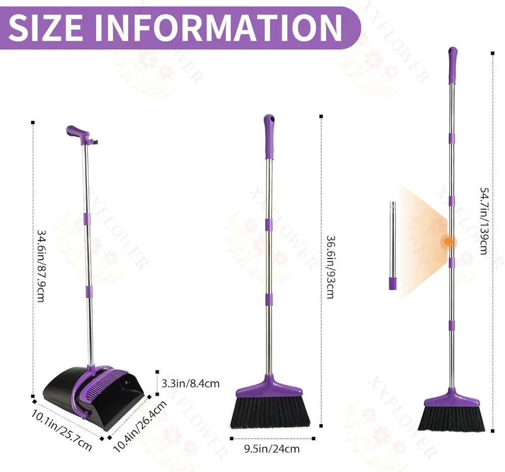 54.7" Long Handle Broom & Dustpan Set, Lightweight Stainless Steel, Stands Upright, for Home Kitchen Pet Hair, Purple