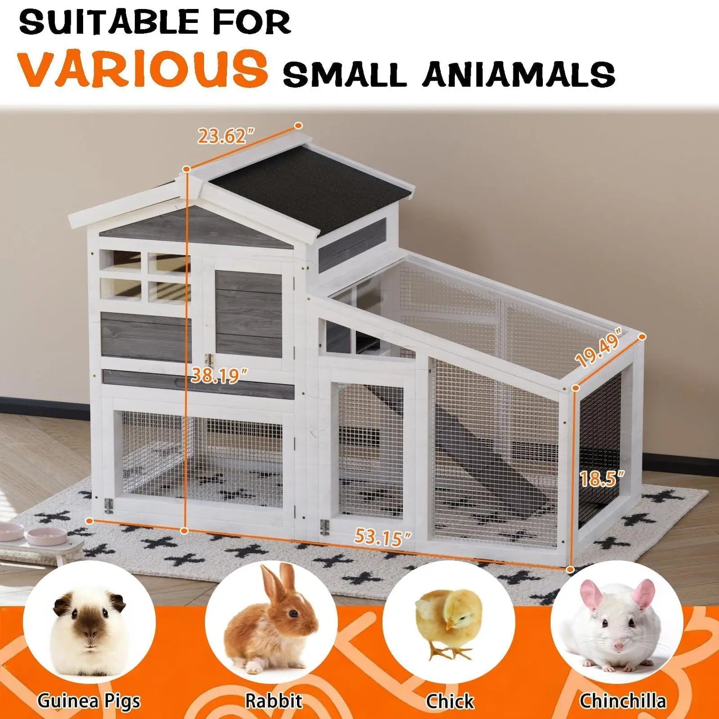 54 Inch 2 Tier Wooden Rabbit Hutch For Indoor And Outdoor Use Weatherproof Roof Anti Slip Ramp Removable Tray Ideal Small Pet House For Rabbits Guinea Pigs Chickens Grey