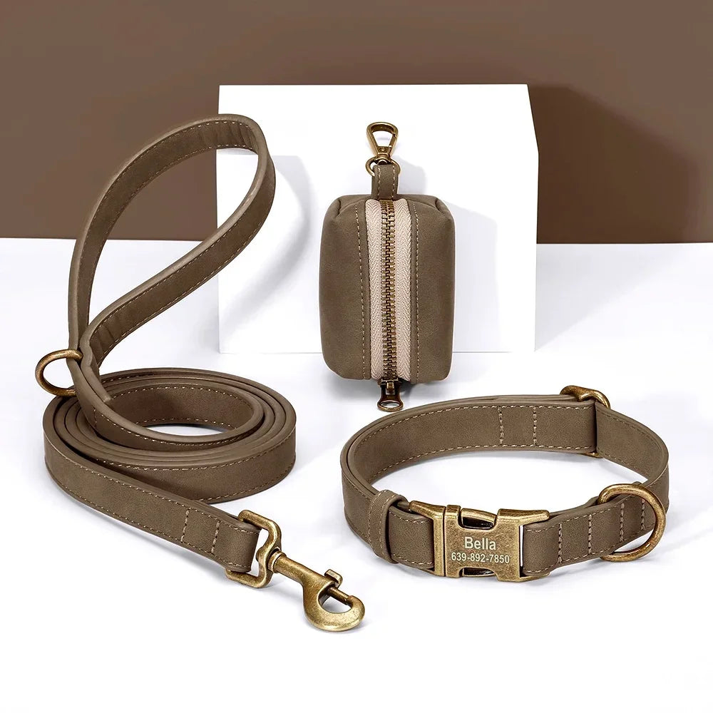 Custom Dog Collar Leash Bag Set Personalized PU Leather Dog Collars Vintage Pet Buckle Necklace With Lead Poop Bag for Dogs Pug