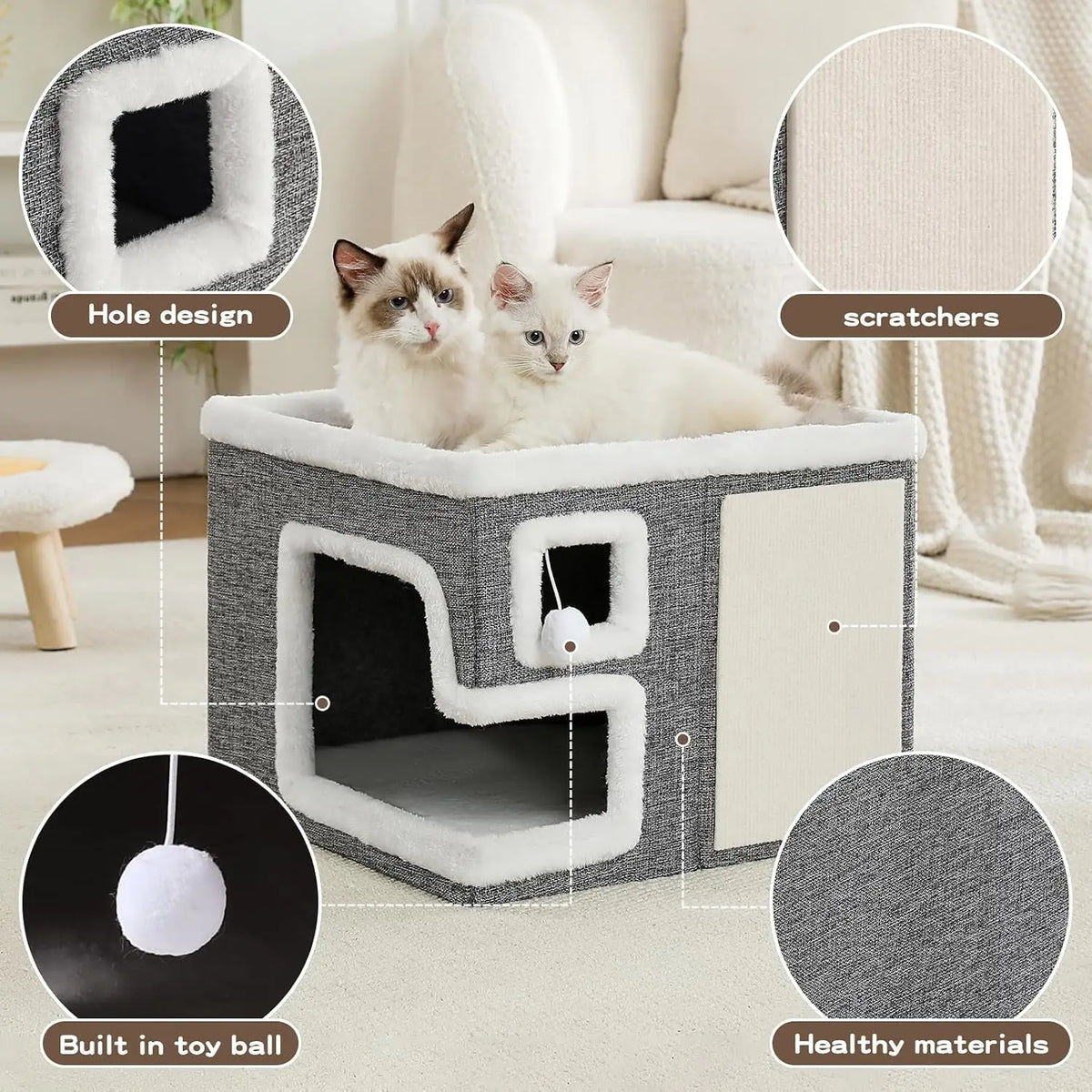Cat Houses for Indoor Cats, Covered Cat Bed Cave with Scratch Pad