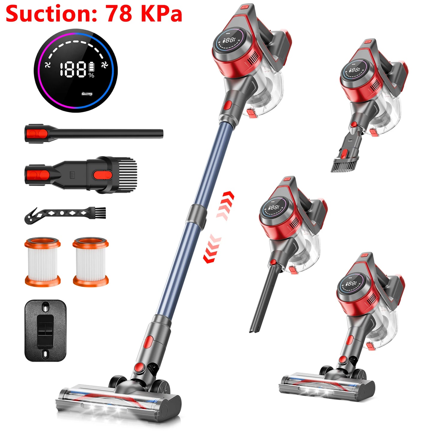 Honki 78KPA Cordless Vacuum Cleaner with LED High Power Strong Suction Wet and Dry Handheld Vacuum Cleaner for Pet Hair Carpet
