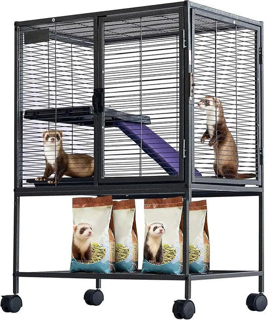 Multi-Level Metal Small Animal Cage for Ferrets, Hamsters, Chinchillas, Rabbits, Guinea Pigs, Hedgehogs, Gerbils Removable Tray & Ramp, Lockable, BPA-Free