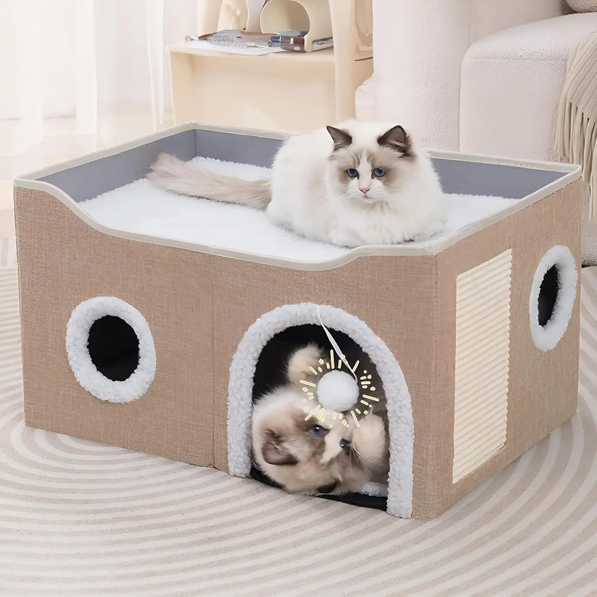 Loyareal Cat Houses for Indoor Cats - Large Cat Bed Cave with Scratch Pad and Fluffy Ball, Foldable Cat Condo Hideaway with Reversible Cushion for Multi Small Pet, Dark Grey