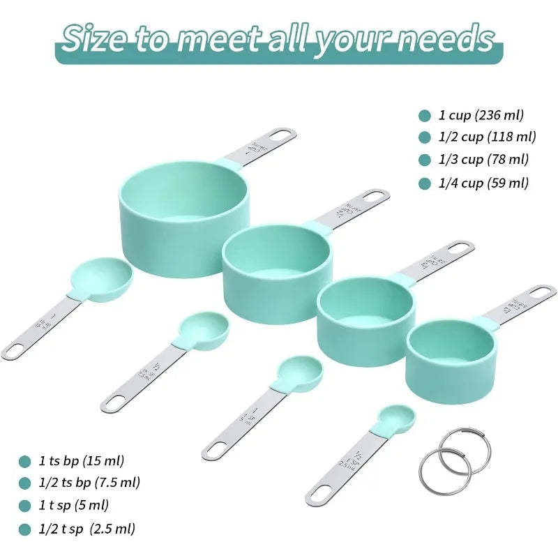 Measuring Cups Set Measuring Spoons Set, Nesting Measure Cups with Stainless Steel Handle, For Measuring Dry and Liquid Ingredients Small Teaspoon with Plastic Head (Mint Green)