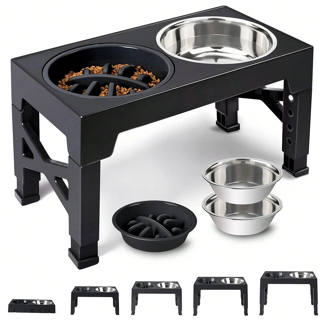 Adjustable Elevated Dog Feeder, 4‑Height Raised Dog Bowl Stand with Slow Feeder & Double Stainless Steel Food Water Bowls, Neck Joint Protection Ergonomic Pet Feeding Station for Small Medium Large Dogs