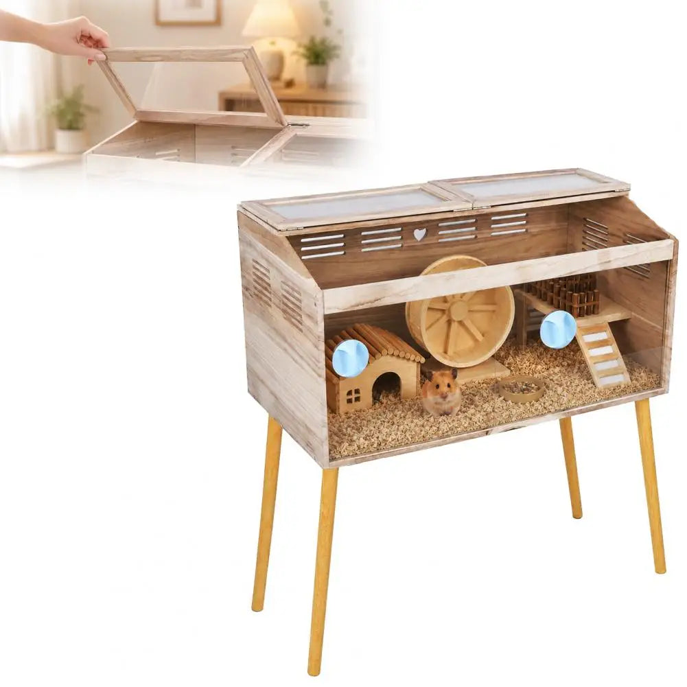 Chew‑Proof Wooden Hamster & Guinea Pig Cage with Legs, Lockable Habitat with Ventilation Deodorizing Design