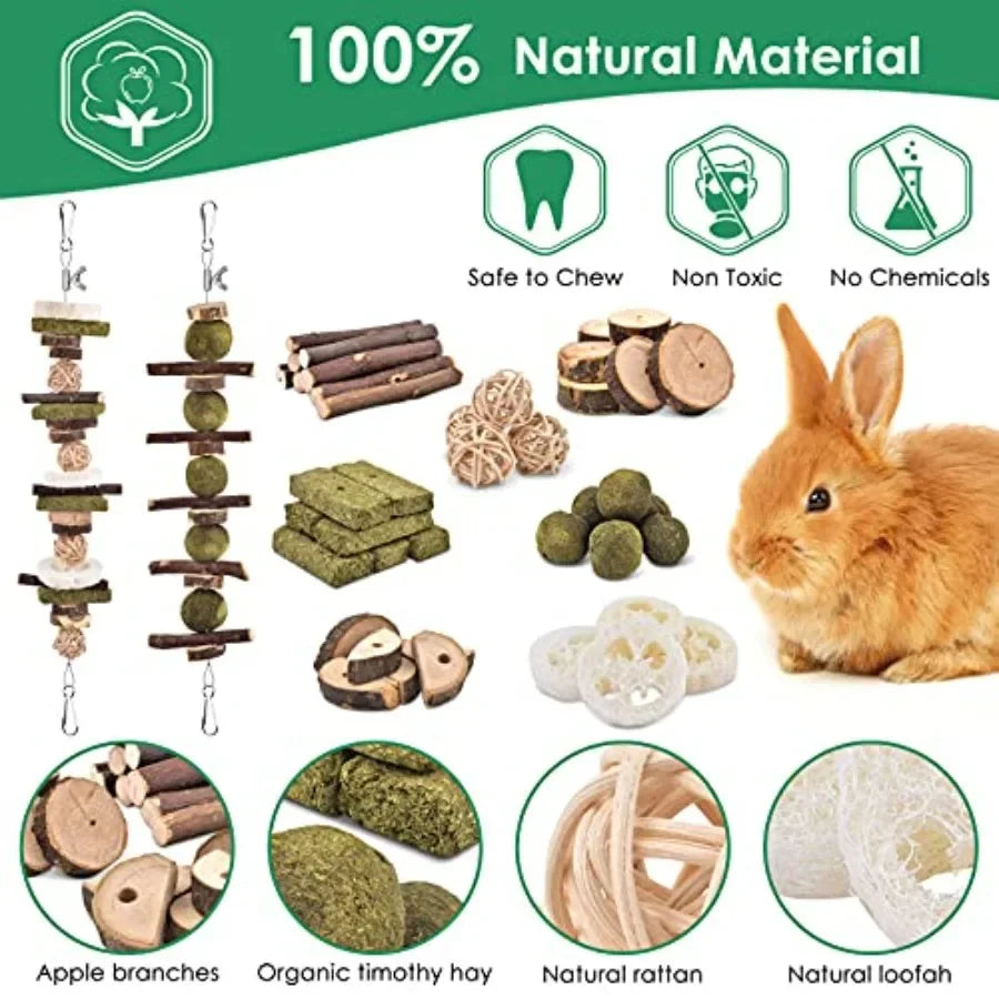 Rabbit Chew Toys, Bunny Toys Apple Wood Grass Timothy Treat DIY Hamster Chew Kit Bunny Teeth Care Molar Toys, Ideal for Rabbit,