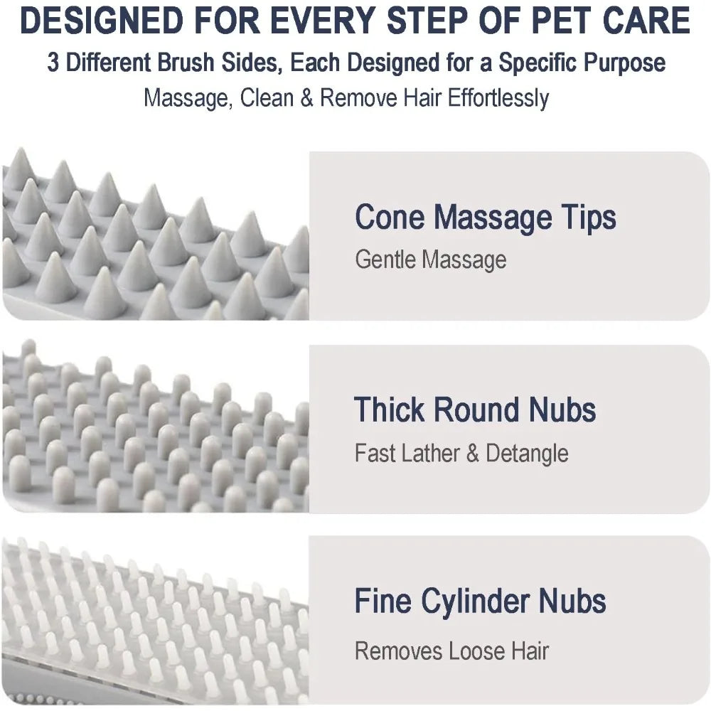 Triangular Wrap-Around Pet Grooming and Bath Brush for Dogs and Cats - 3-in-1 Silicone Deshedding Brush with Soft Massage Cones and Deep Cleaning Nubs for Gentle Detangling and Fur Removal, Flexible Self-Cleaning Design