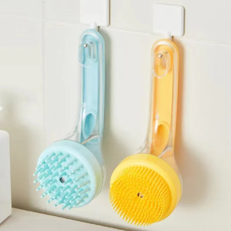 Pet Bath Brush with Shampoo Dispenser for Dogs Cats, Long Handle Soft Silicone Gentle Massage Brush, One Press Soap Dispensing Pet Grooming Bathing Tool