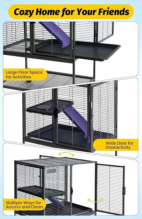 Multi-Level Metal Small Animal Cage for Ferrets, Hamsters, Chinchillas, Rabbits, Guinea Pigs, Hedgehogs, Gerbils Removable Tray & Ramp, Lockable, BPA-Free