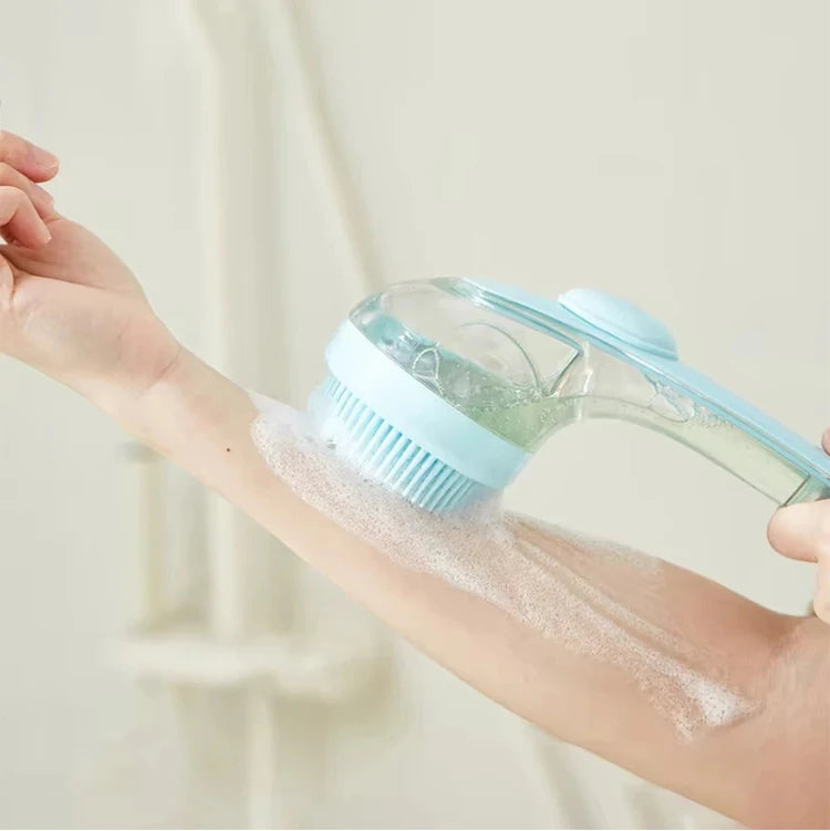 Pet Bath Brush with Shampoo Dispenser for Dogs Cats, Long Handle Soft Silicone Gentle Massage Brush, One Press Soap Dispensing Pet Grooming Bathing Tool