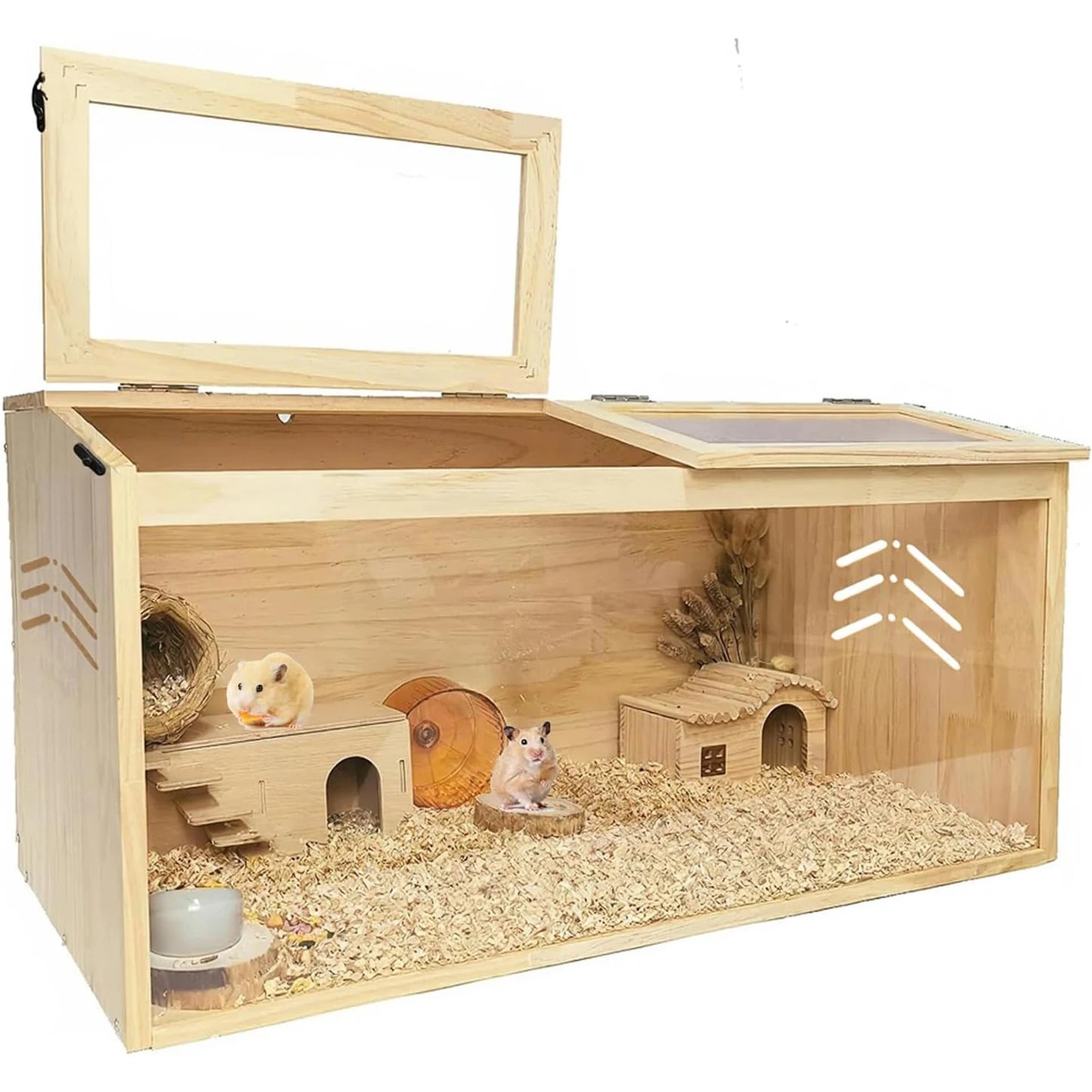 Large Wood Hamster Cage 40"x20"x20" - Indoor Guinea Pig Cages with 2 Lockable Top Covers & Acrylic Viewing Window, Critter Nation Cage for Syrian Hamster, Gerbil, Guinea Pig