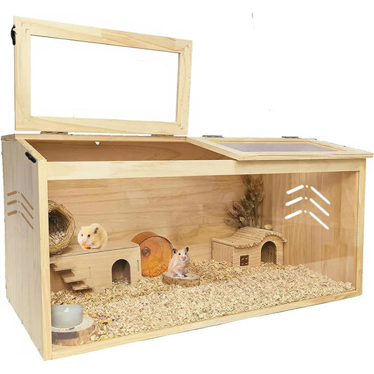 Large Wood Hamster Cage 40"x20"x20" - Indoor Guinea Pig Cages with 2 Lockable Top Covers & Acrylic Viewing Window, Critter Nation Cage for Syrian Hamster, Gerbil, Guinea Pig