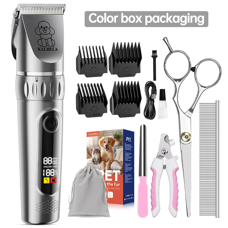 Professional Pet Grooming Kit | Rechargeable Electric Dog and Cat Hair Trimmer Set with Scissors and Nail Clipper, Quiet Rechargeable Pet Hair Grooming Kit | Pet Dog Grooming Set with LED Display and Nail Clippers