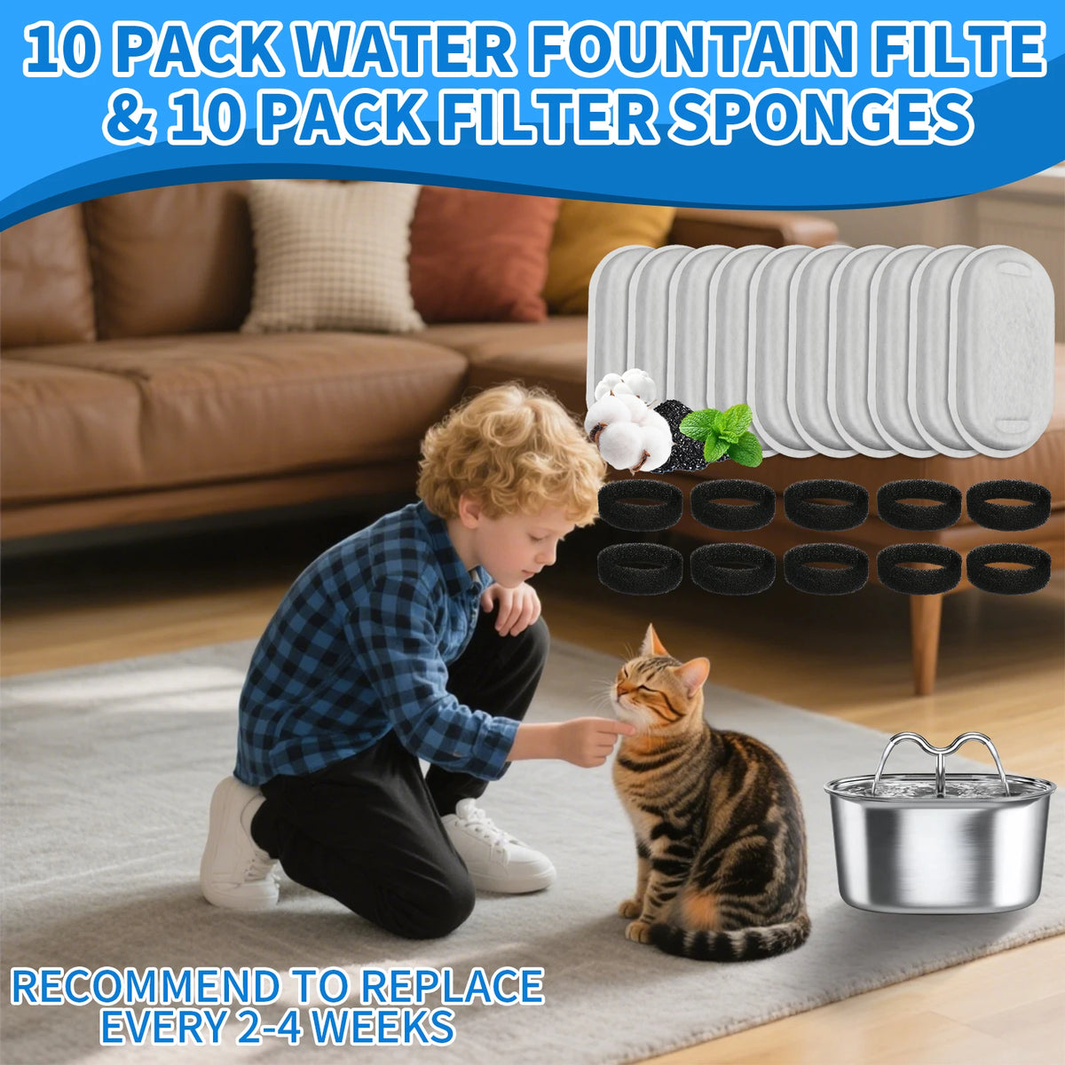 Cat Water Fountain Filters Replacement Activated Carbon Filter for Pet Dog Stainless Steel Water Flow Drinking Dispenser Water Fountain