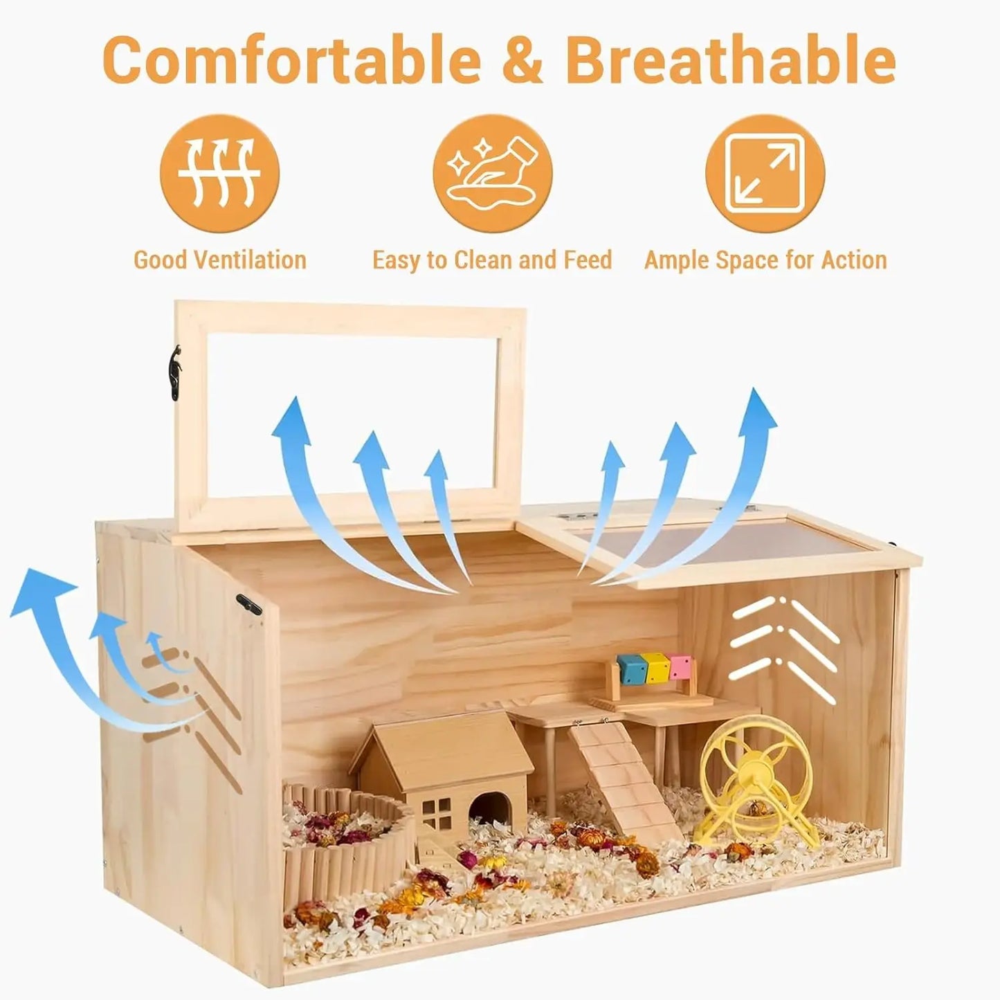 Large Wood Hamster Cage 40"x20"x20" - Indoor Guinea Pig Cages with 2 Lockable Top Covers & Acrylic Viewing Window, Critter Nation Cage for Syrian Hamster, Gerbil, Guinea Pig