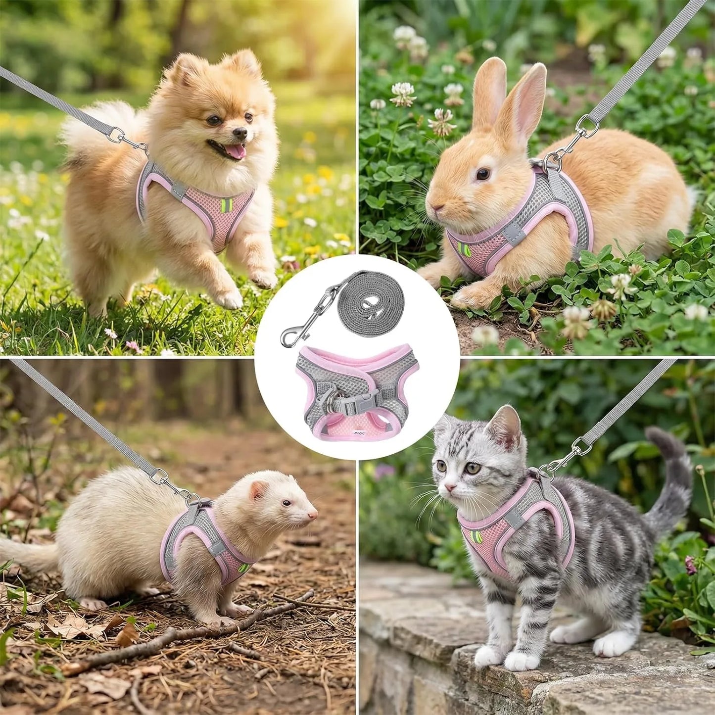 Bunny Harness Leash Set, Escape-Proof Soft Vest For Rabbit, Kitten, Puppy, Guinea Pig Pink And Blue(2PCS)