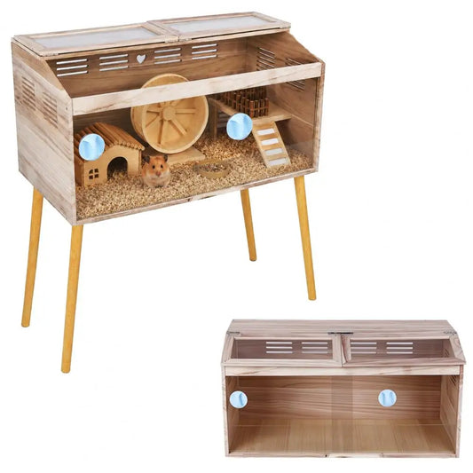 Chew‑Proof Wooden Hamster & Guinea Pig Cage with Legs, Lockable Habitat with Ventilation Deodorizing Design