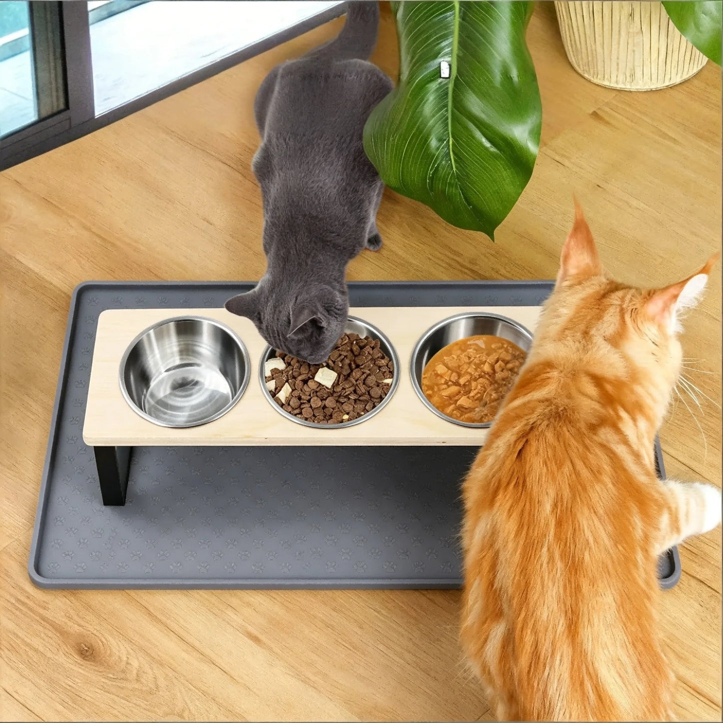 3 Bowls Elevated Cat Feeder 15° Tilted Bamboo Iron Stand Stainless Steel Pet Food Water Bowls Waterproof Anti-slip Silicone Feeding Mat for Kittens Puppies