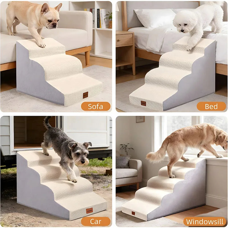 3/4/5 Steps Curved Pet Stairs 22.6/19.75/15.7 Inches High Access Ramp for Cat/Dog Suitable for Bed/Sofa/Car Non-slip Pet Steps High-density Foam Grey/Beige Suitable for Injured and Elderly Pets Comes with A Washable Cover and