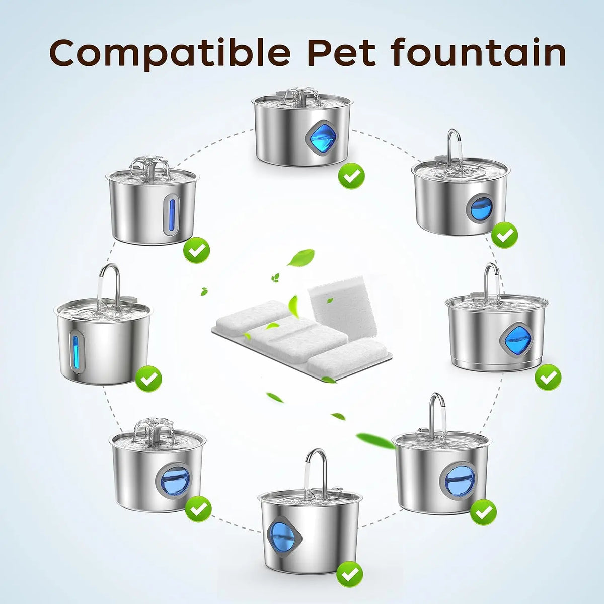 Replacement Filters & Sponges for 2.2L Stainless Steel Cat Water Fountain, 8 Filters + 4 Sponges Kit