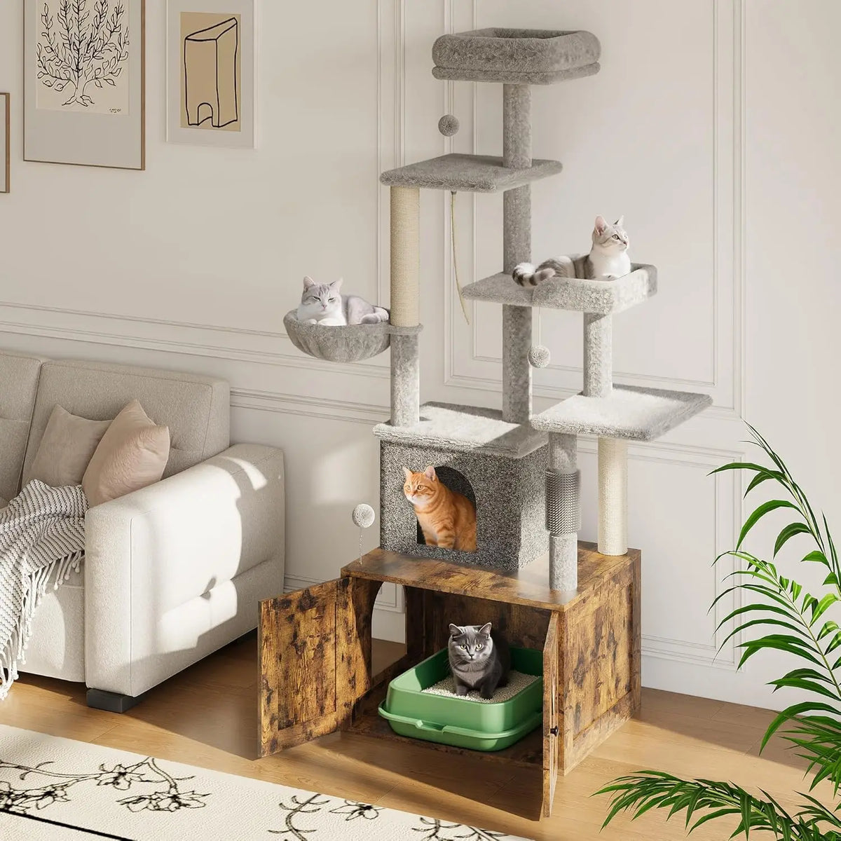 Cat Tree with Litter Box Enclosure Large, Multilevel Cat Play House with Large Condo, Spacious Hammock, Cozy Top Perch,Scratching Post and Dangling Balls,Wooden Cat Furniture for Indoor Cats,Brown