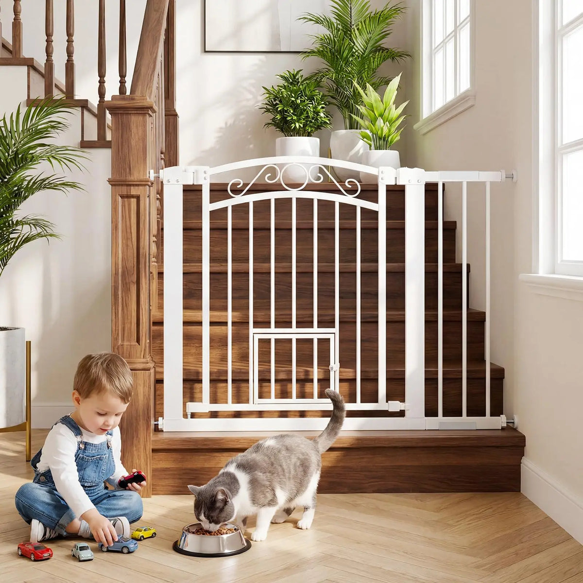 30-41 Inch Pressure Mount Dog Gate, 30in Tall Auto-Close Pet Gate, Double Lock Walk-Through Steel Barrier For Doorways & Stairs