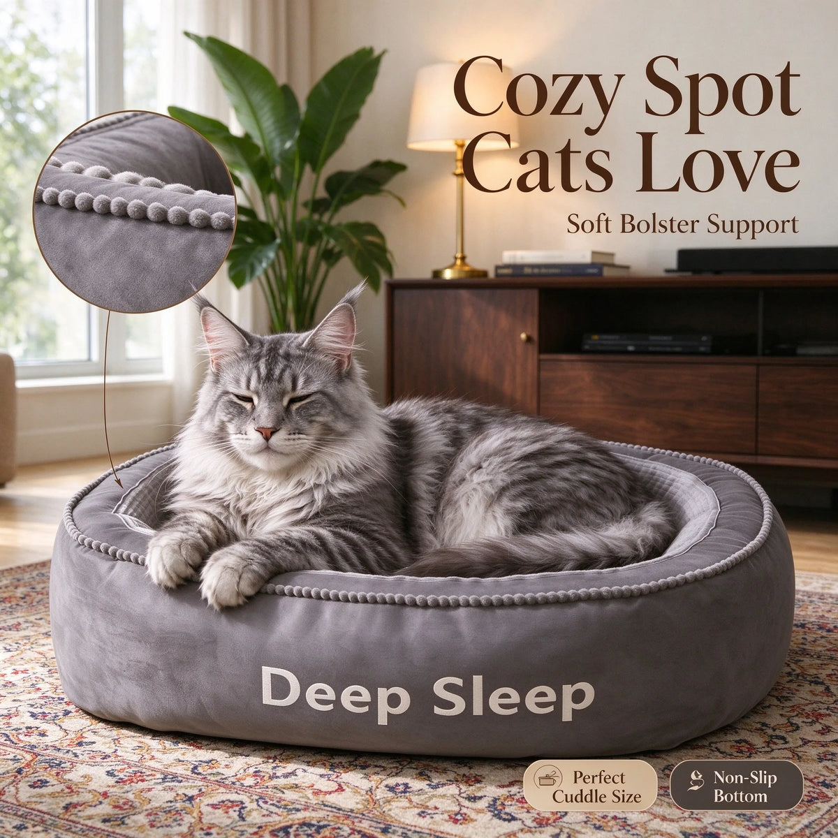 Round Donut Cat Bed, Deep Sleep Calming Cat Cushion with Raised Rim, Non Slip Bottom PetSleeping Bed for Kitten Adult Cats, Indoor Bedroom Living Room Use, Multiple Sizes