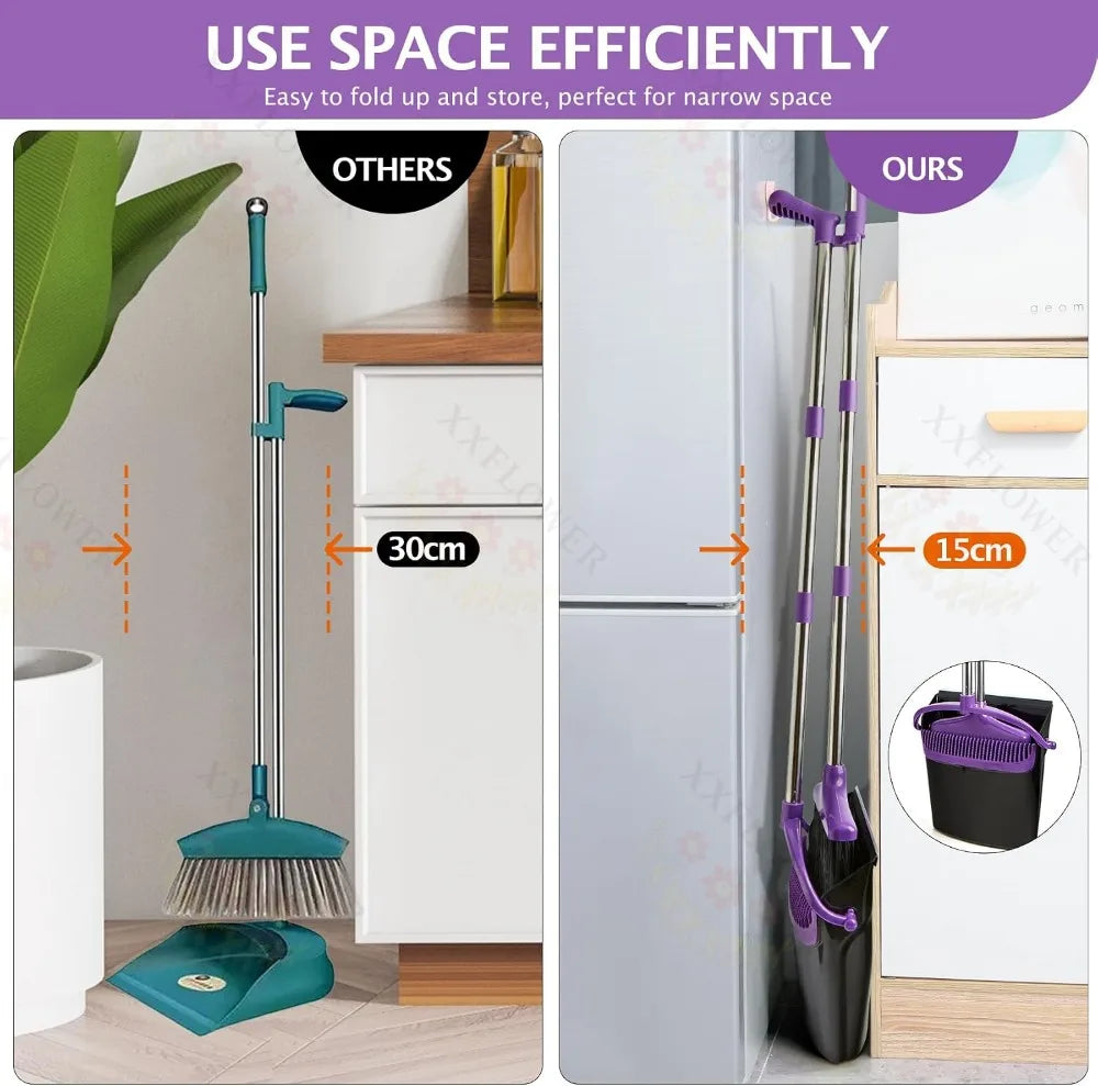 54.7" Long Handle Broom & Dustpan Set, Lightweight Stainless Steel, Stands Upright, for Home Kitchen Pet Hair, Purple