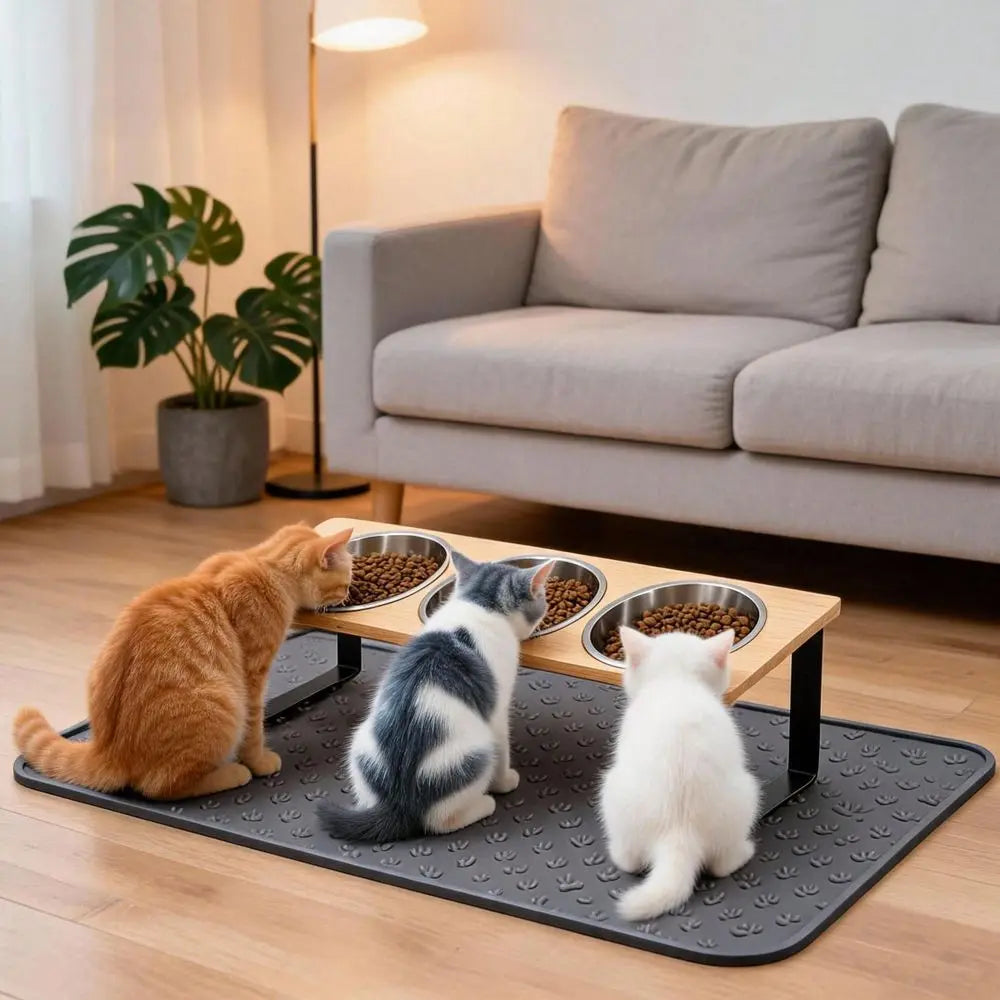 Cat Food Bowl And Mat, 3 Stainless Steel Raised Cat Bowls With Stand, 15Tilted Cat Bowl For Indoor Multiple Cats