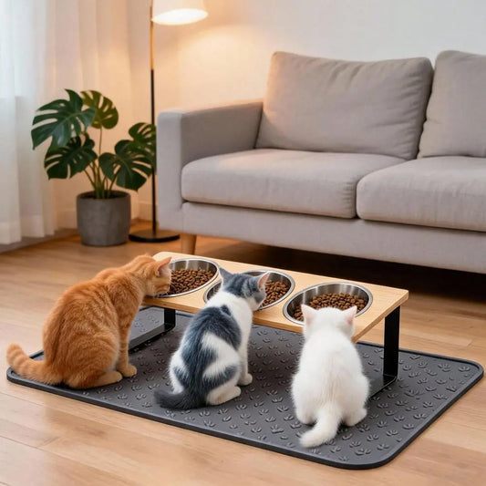 Cat Food Bowl And Mat, 3 Stainless Steel Raised Cat Bowls With Stand, 15Tilted Cat Bowl For Indoor Multiple Cats