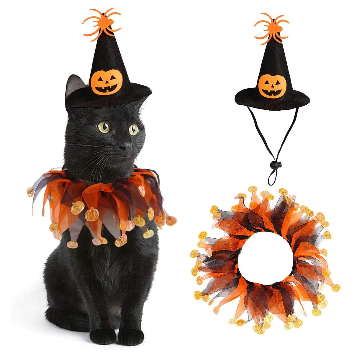 Cat Witch Halloween Costume Suit,  Small Dogs & Cats Tutu Collar and Witch Pumpkin Hat Cute Costume Suit Kitten Outfit Clothing for Birthday Party Thanksgiving Christmas Holiday