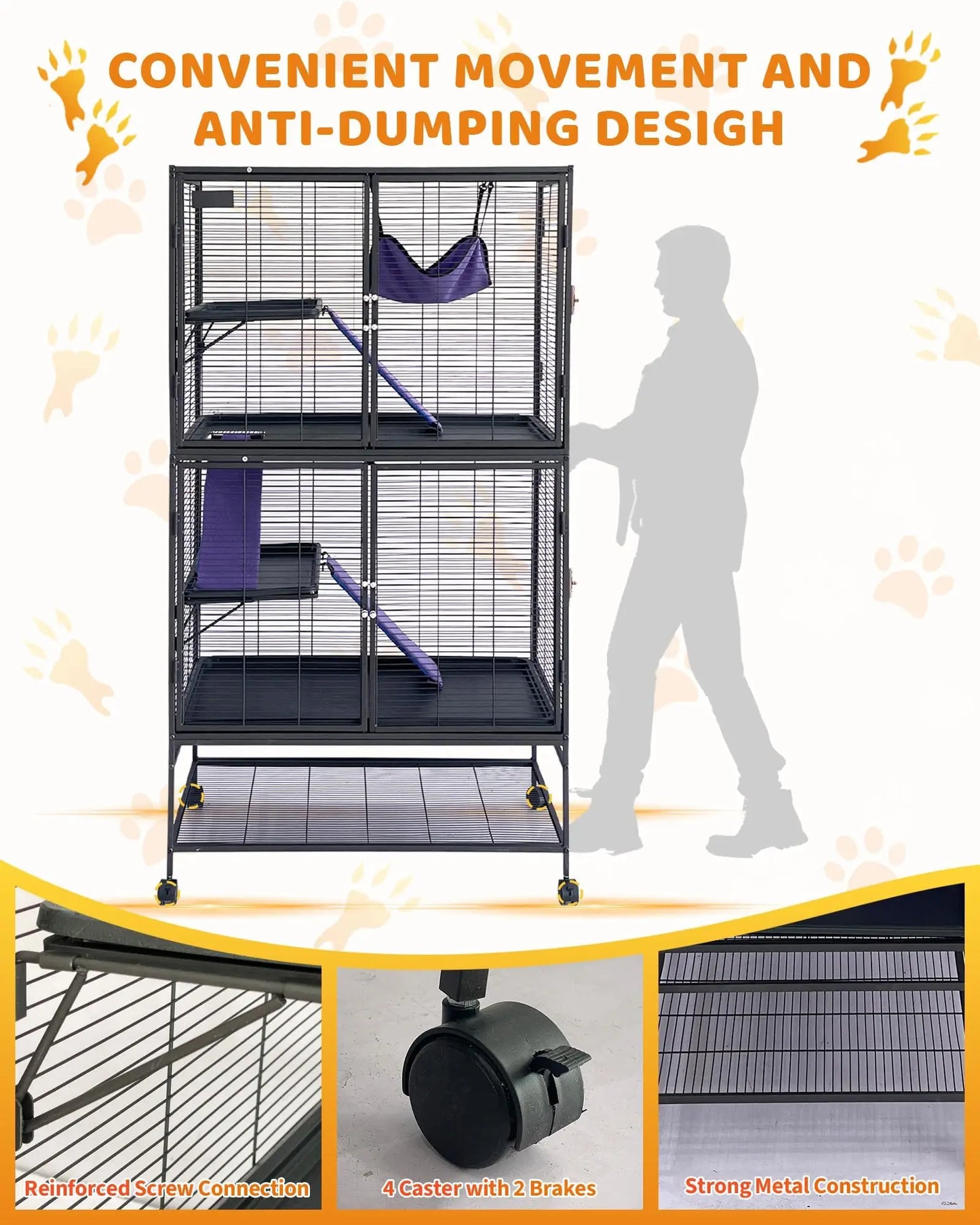 Large 4-Tier Metal Ferret Cage, 64" H Small Animal Habitat with Ramp, Hammock, Storage Stand & Removable Tray, Heavy-Duty Easy Clean Cage for Chinchilla, Sugar Glider, Hamster, Rat