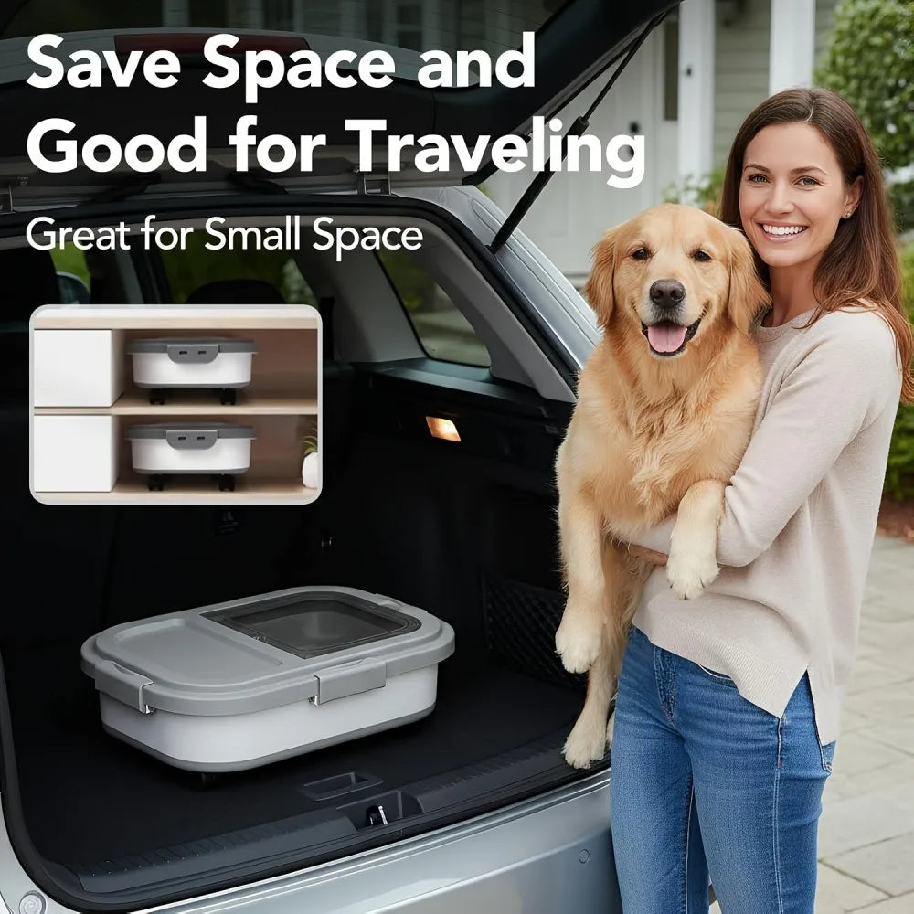3Lbs Collapsible Pet Food Storage Container with Airtight Lid, Dog Food Storage Container with Measuring Scoop And Cup, Wheels & Handle for Easy Moving, Keep Dry Food Fresh