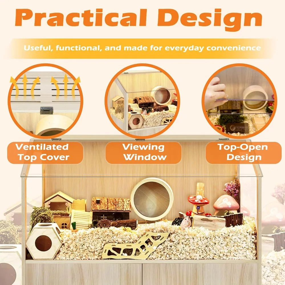 Large Hamster Cage with Storage Cabinet, 40" L x 20" W x 47" H, Chew Proof Wood & Clear View, for Guinea Pig, Ferret, Rat, Hedgehog (Oak)