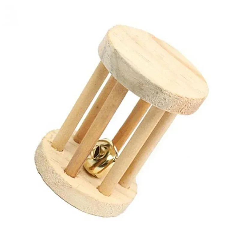 Cute Small Pet Chew Toy Natural Pine Wood Roller Dumbbell Unicycle With Bell Molar Play Toy For Rabbit Guinea Pig Rat Enrichment Supplies
