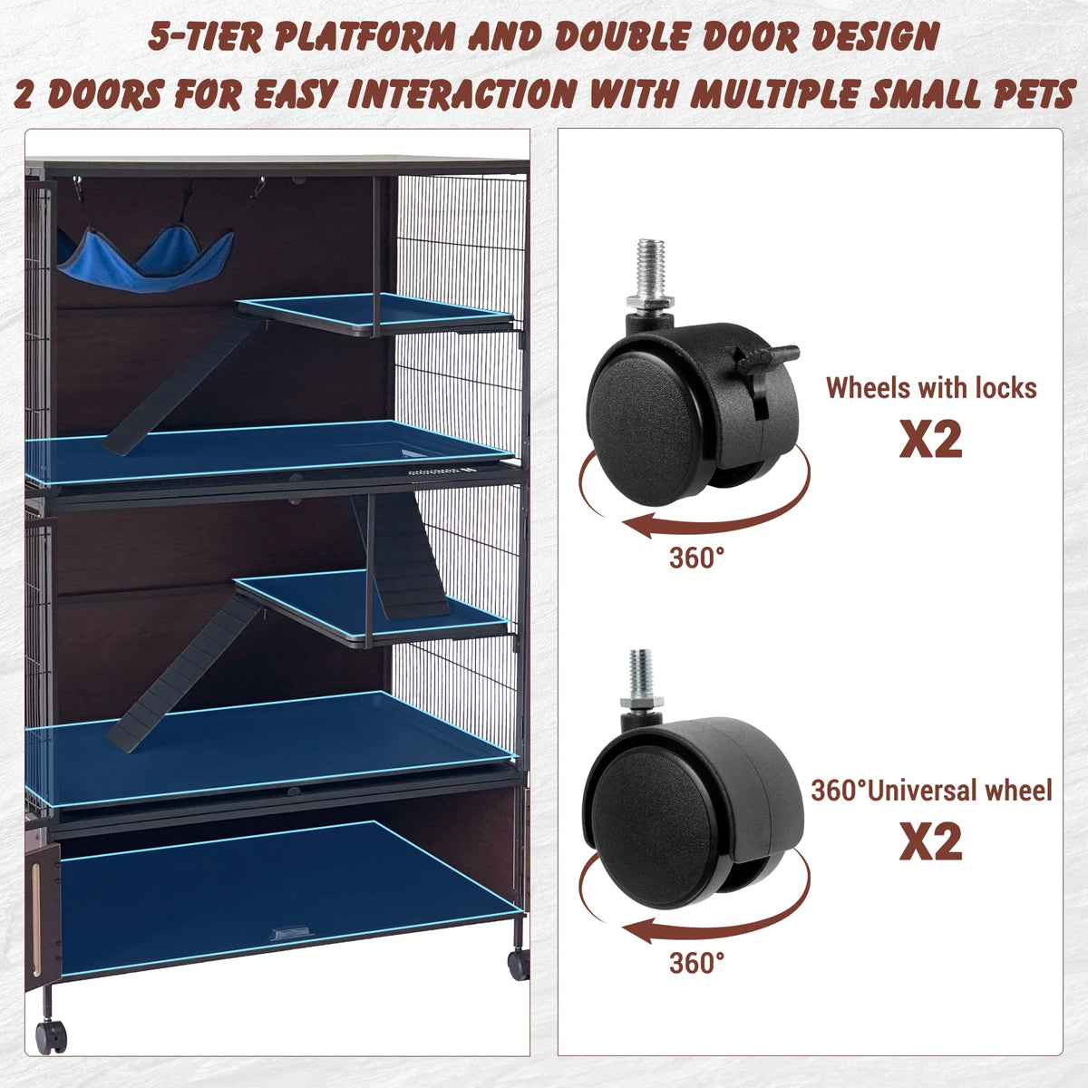 Spacious 5-Level Ferret Cage with Locker - 59"H Rolling Pet House for Guinea Pigs, Rabbits, Chinchillas, and More - Includes Removable Ramps, Double Doors, Hammock, Trays, Black