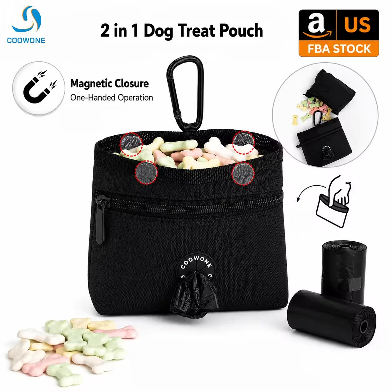 Custom Dog Training Treat Pouch with Magnetic Closure Poop Bag Dispenser and Carabiner Clip