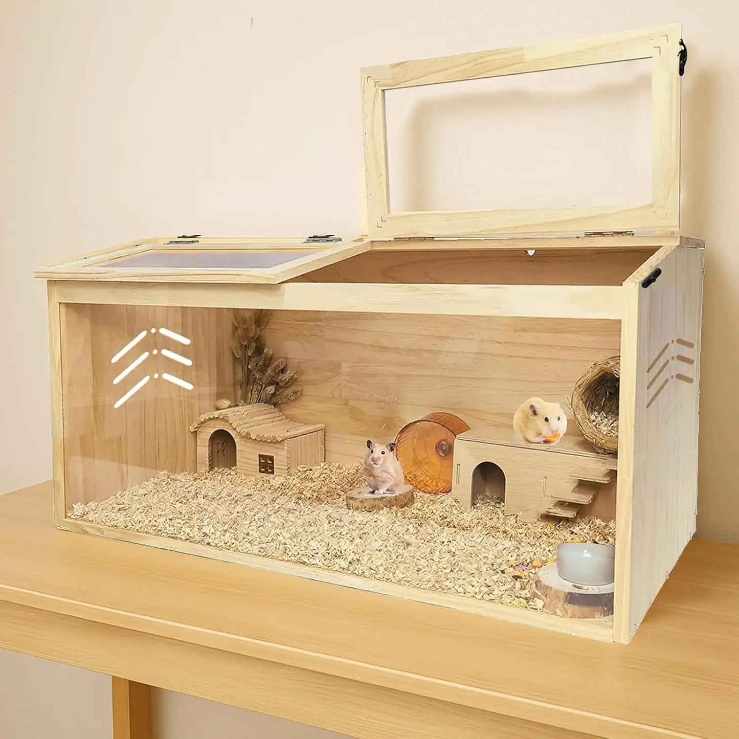 Large Wood Hamster Cage 40"x20"x20" - Indoor Guinea Pig Cages with 2 Lockable Top Covers & Acrylic Viewing Window, Critter Nation Cage for Syrian Hamster, Gerbil, Guinea Pig