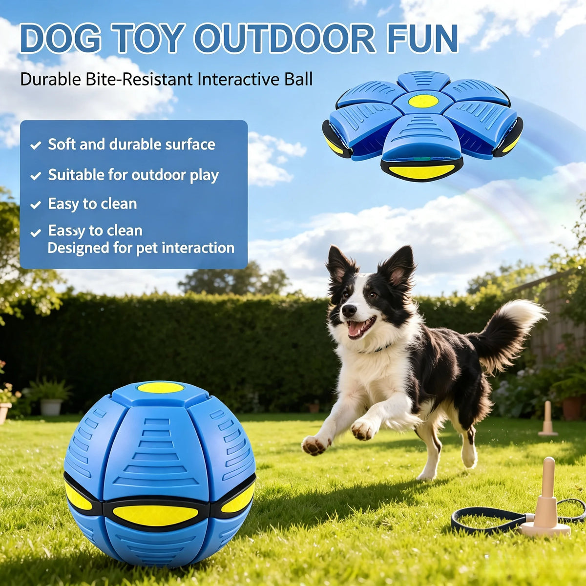 Six-Light Dual-Mode Magical Transforming Pet Bouncy Ball, UFO-Shaped Ball, Durable Dog Interactive Training and Play Toy, Blue and Red