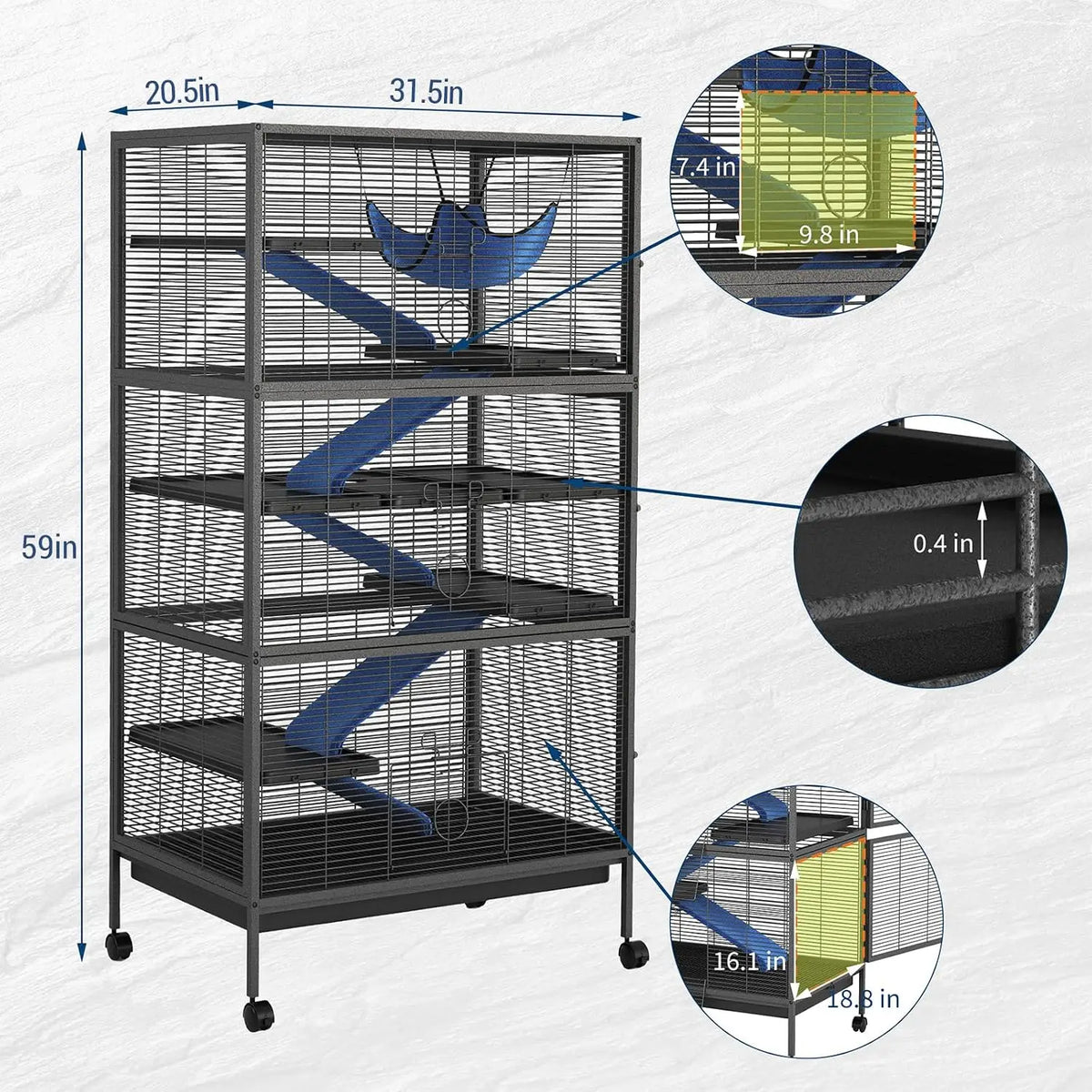58" Large Ferret Nation Cage – Metal Multi-Level Small Animal Cage with Hammock & 7 Removable Platforms for Sugar Gliders, Guinea Pigs, Chinchillas, Rabbits
