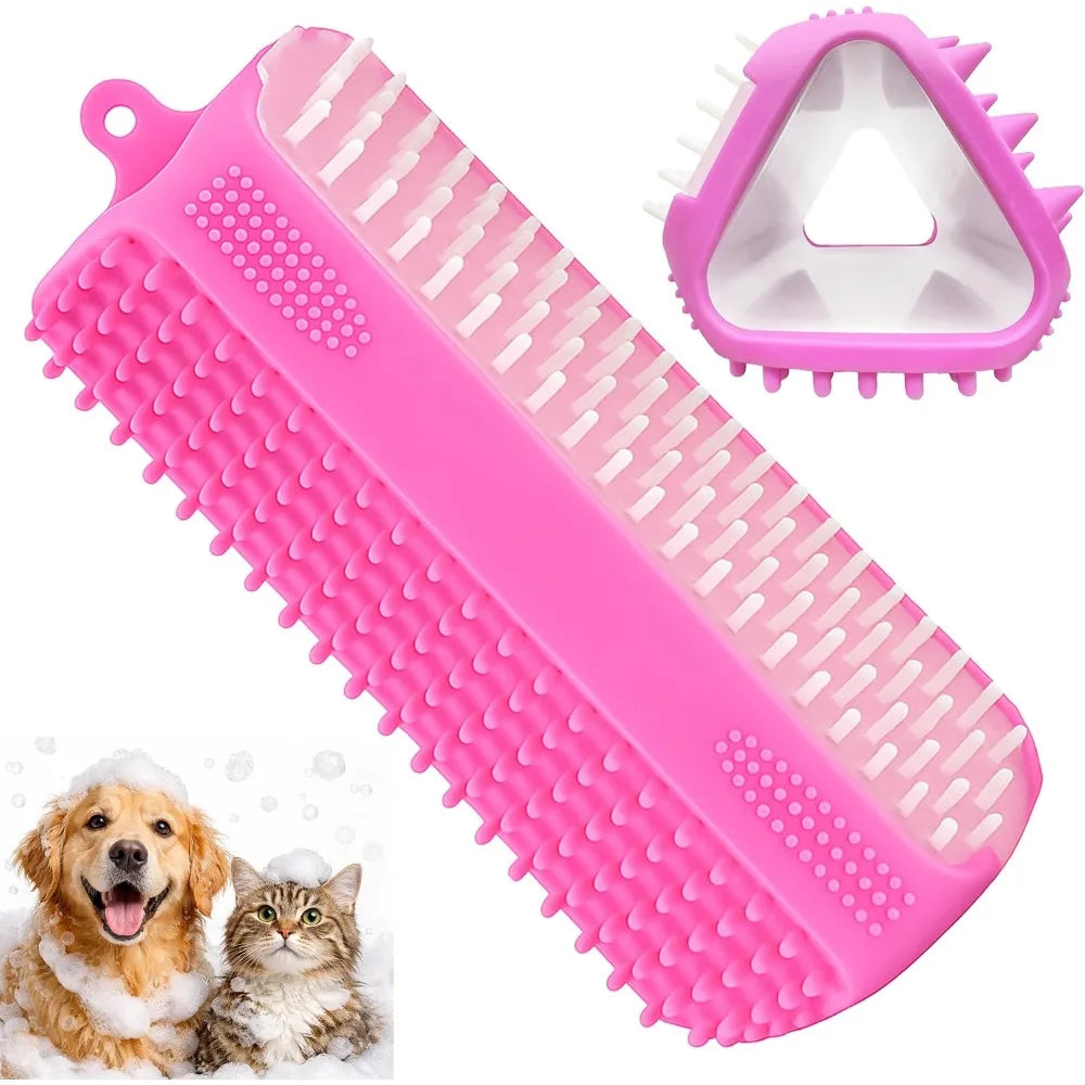 Triangular Wrap-Around Pet Grooming and Bath Brush for Dogs and Cats - 3-in-1 Silicone Deshedding Brush with Soft Massage Cones and Deep Cleaning Nubs for Gentle Detangling and Fur Removal, Flexible Self-Cleaning Design
