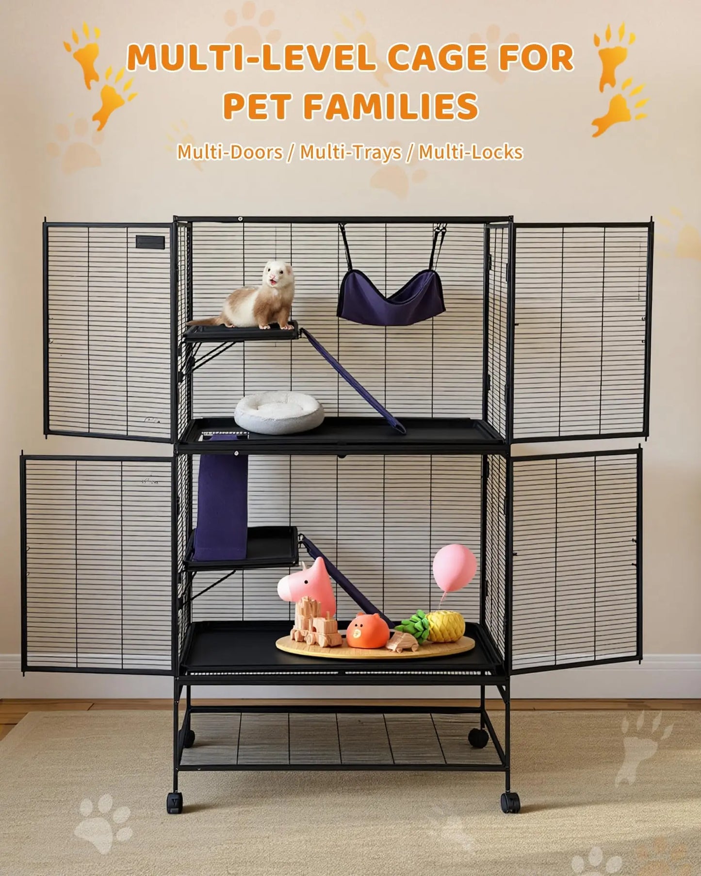 Large 4-Tier Metal Ferret Cage, 64" H Small Animal Habitat with Ramp, Hammock, Storage Stand & Removable Tray, Heavy-Duty Easy Clean Cage for Chinchilla, Sugar Glider, Hamster, Rat