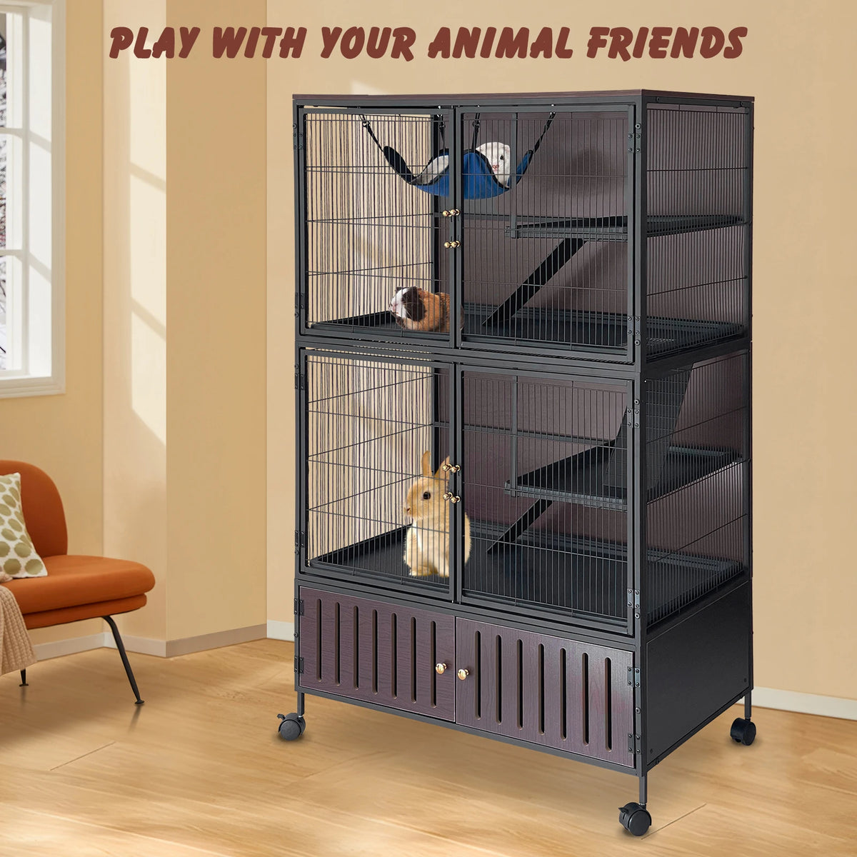 Spacious 5-Level Ferret Cage with Locker - 59"H Rolling Pet House for Guinea Pigs, Rabbits, Chinchillas, and More - Includes Removable Ramps, Double Doors, Hammock, Trays, Black