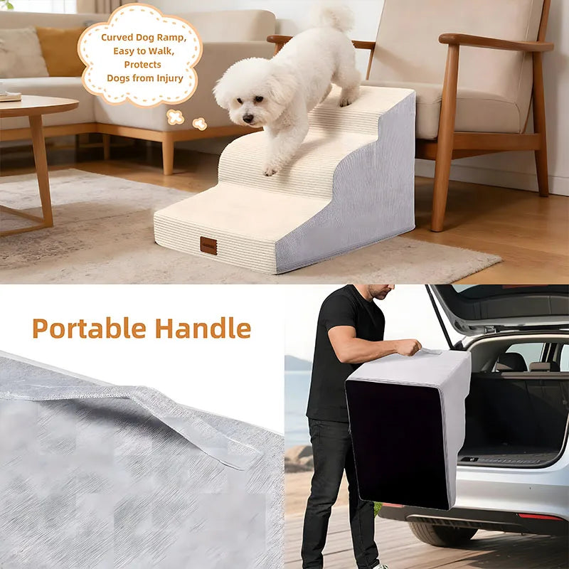 Durable High-density Foam Suitable for Small-sized, Injured and Elderly Pets Curved Pet Stairs 3/4/5 Steps Suitable for Bed/Sofa/Car Removable Outer Cover (with TPU Waterproof Layer) Take Care of The Joints of Cats and Dogs A