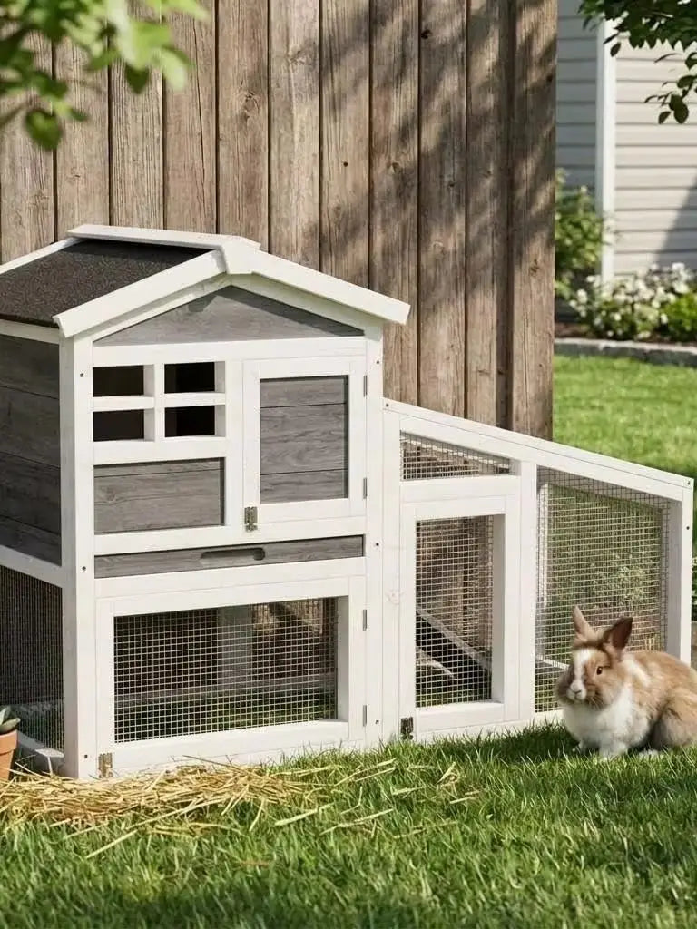 54 Inch 2 Tier Wooden Rabbit Hutch For Indoor And Outdoor Use Weatherproof Roof Anti Slip Ramp Removable Tray Ideal Small Pet House For Rabbits Guinea Pigs Chickens Grey