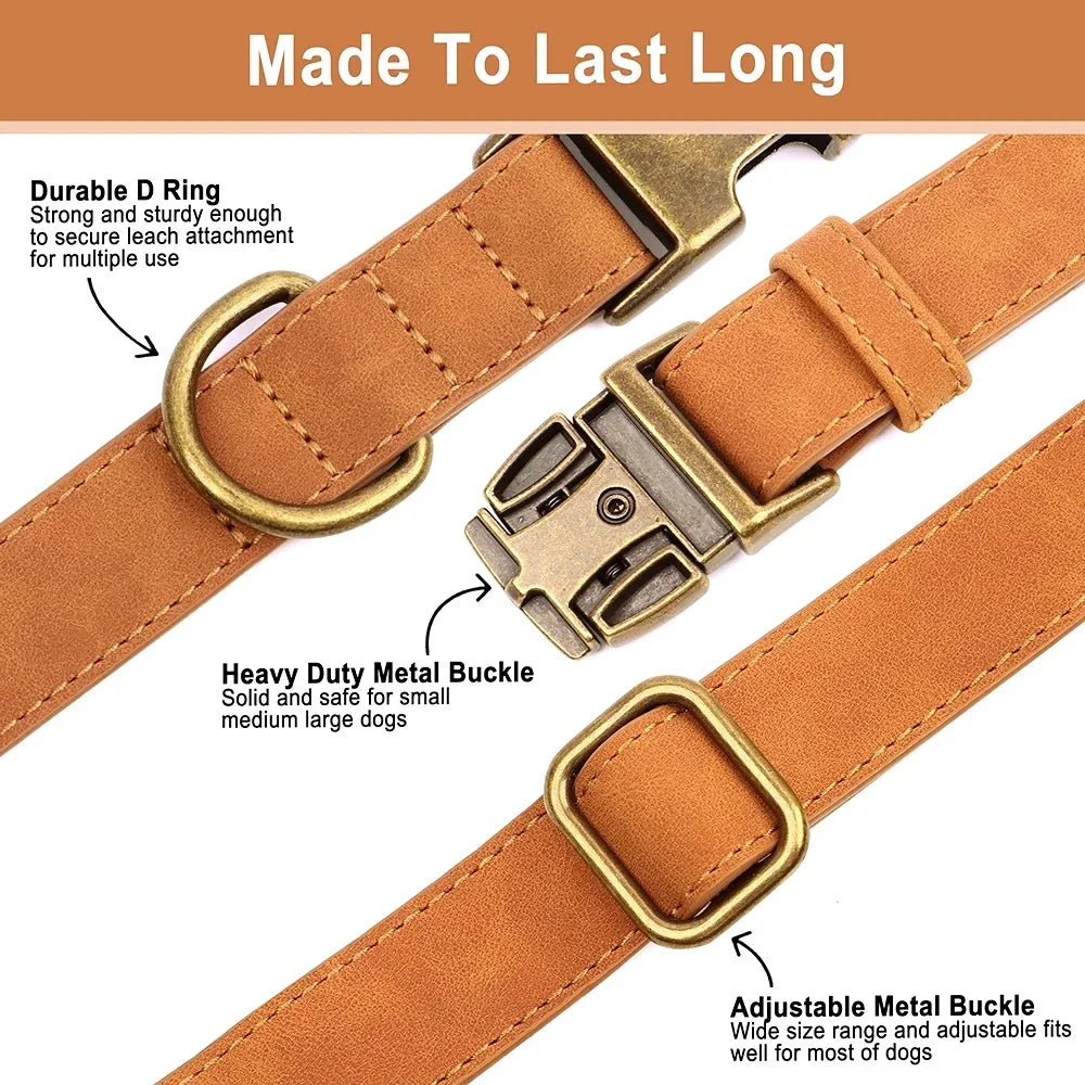 Custom Dog Collar Leash Bag Set Personalized PU Leather Dog Collars Vintage Pet Buckle Necklace With Lead Poop Bag for Dogs Pug