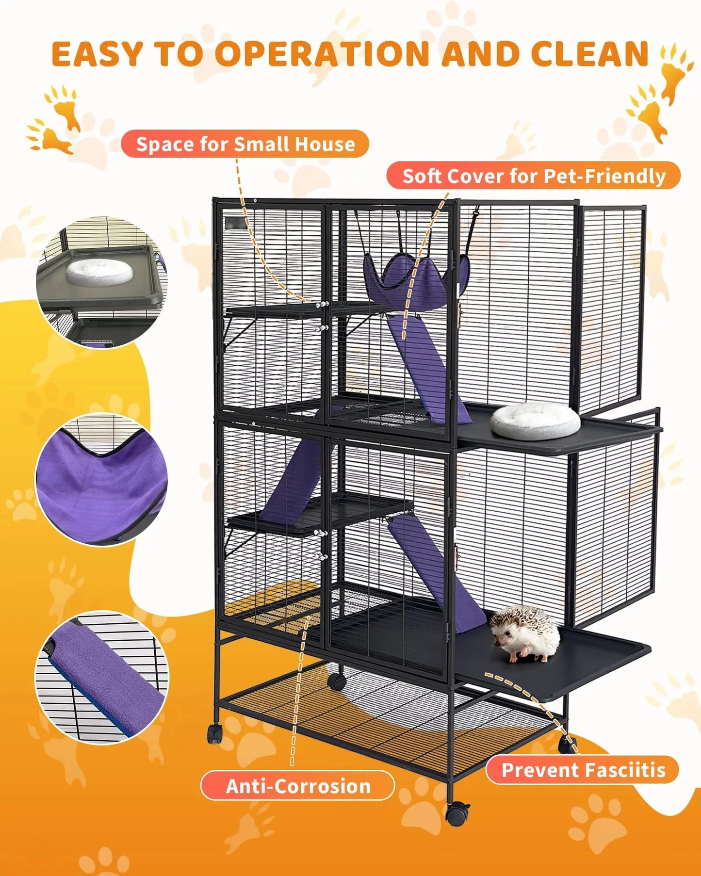 Large 4-Tier Metal Ferret Cage, 64" H Small Animal Habitat with Ramp, Hammock, Storage Stand & Removable Tray, Heavy-Duty Easy Clean Cage for Chinchilla, Sugar Glider, Hamster, Rat